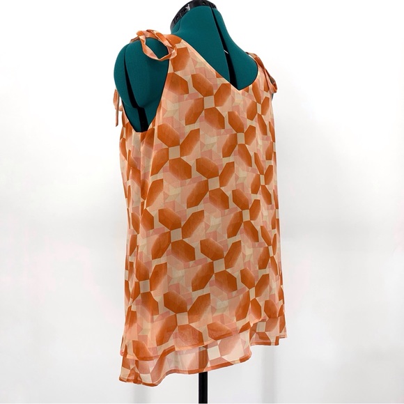 Cabi Pinwheel Top #5358, Peach and Brick Dust Layered Chiffon Sleeveless Top, L - Picture 9 of 17